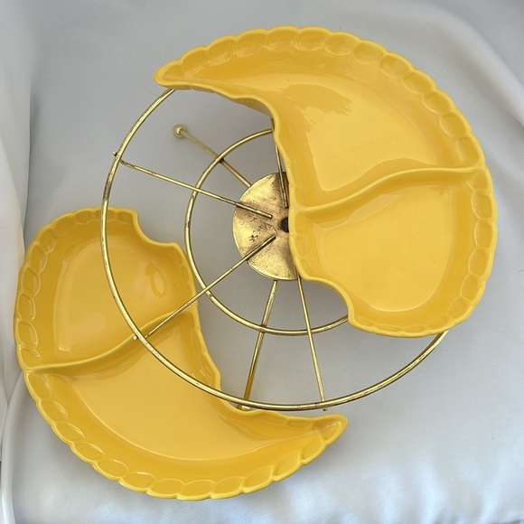 MCM 1950s MIRAMAR OF CALIFORNIA POTTERY Lazy Susan Relish Tray Brass Stand - Picture 3 of 6